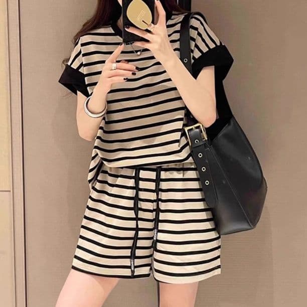 【レディス上下セット】スウェットパンツ スウェットパンツ ボーダー柄 セットアップ ショートパンツ