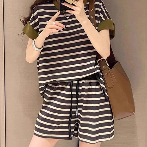 【レディス上下セット】スウェットパンツ スウェットパンツ ボーダー柄 セットアップ ショートパンツ
