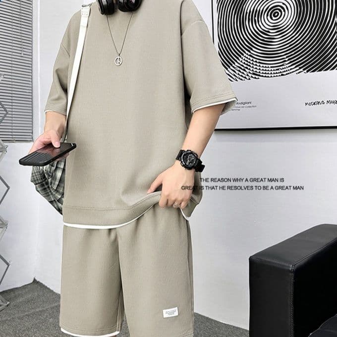 【上下セット】スウェットパンツ スウェットパンツ ゆったり快適 パイピング半袖セットアップ