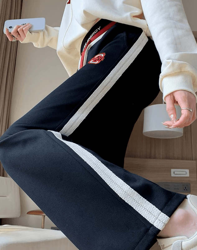 【レディース】スウェットパンツ 綿素材ラインデザイン紐付きワイドパンツ