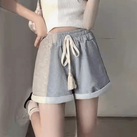 【レディース】スウェットパンツ タッセル付きハイウエストロールアップショートパンツ