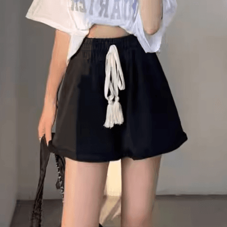 【レディース】スウェットパンツ タッセル付きハイウエストロールアップショートパンツ