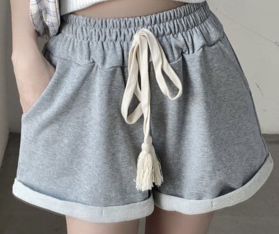 【レディース】スウェットパンツ タッセル付きハイウエストロールアップショートパンツ