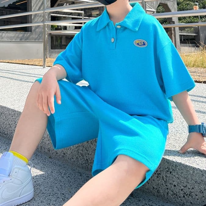 【キッズ上下セット】スウェットパンツ 子供用ポロシャツセットアップ半袖ショート