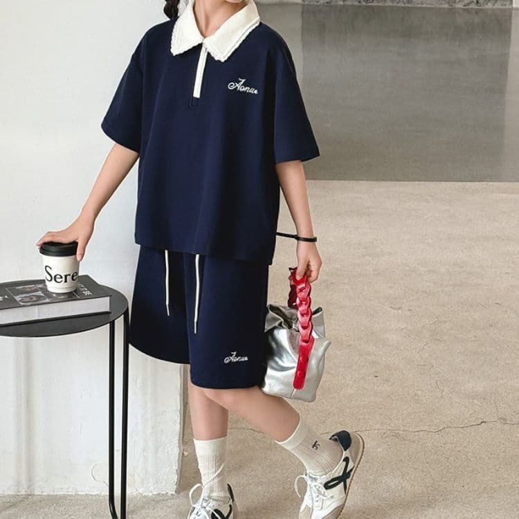【キッズ上下セット】スウェットパンツ フラワーレース襟ポロシャツセットアップ