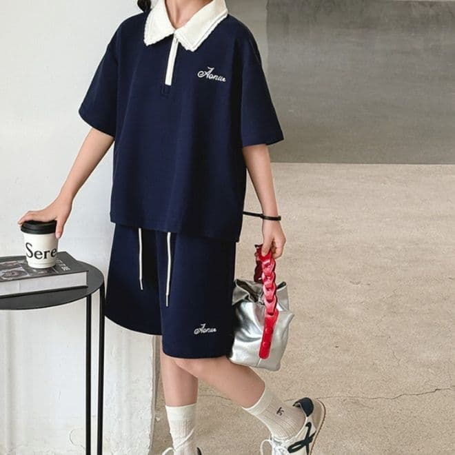 【キッズ上下セット】スウェットパンツ フラワーレース襟ポロシャツセットアップ
