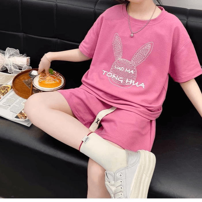 【キッズ上下セット】スウェットパンツ うさぎ刺繍ショートパンツセット