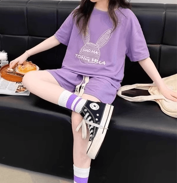 【キッズ上下セット】スウェットパンツ うさぎ刺繍ショートパンツセット