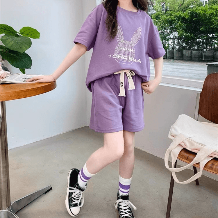 【キッズ上下セット】スウェットパンツ うさぎ刺繍ショートパンツセット