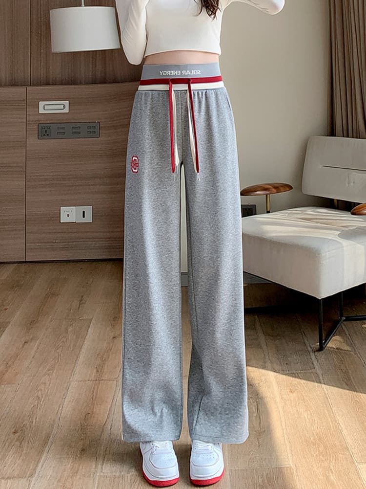 【レディース】スウェットパンツ 綿素材ラインデザイン紐付きワイドパンツ