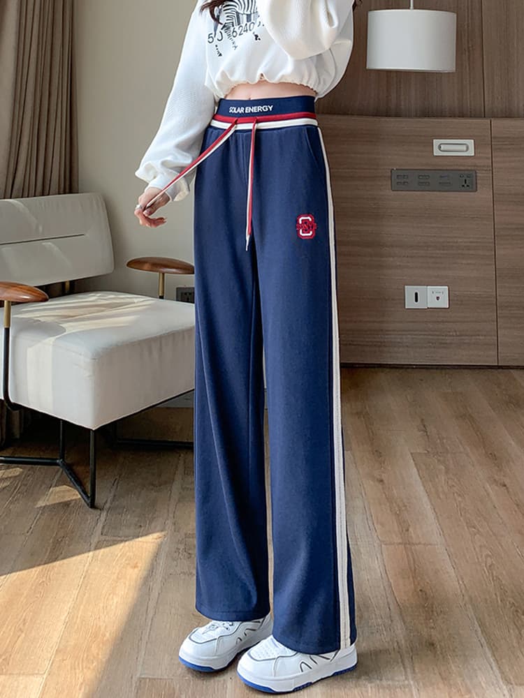 【レディース】スウェットパンツ 綿素材ラインデザイン紐付きワイドパンツ