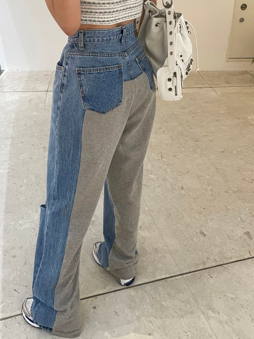 【レディース】デニム切替デザインストレートスウェットパンツ