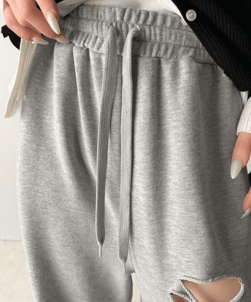 【レディース】ダメージ加工紐付きワイドスウェットパンツ