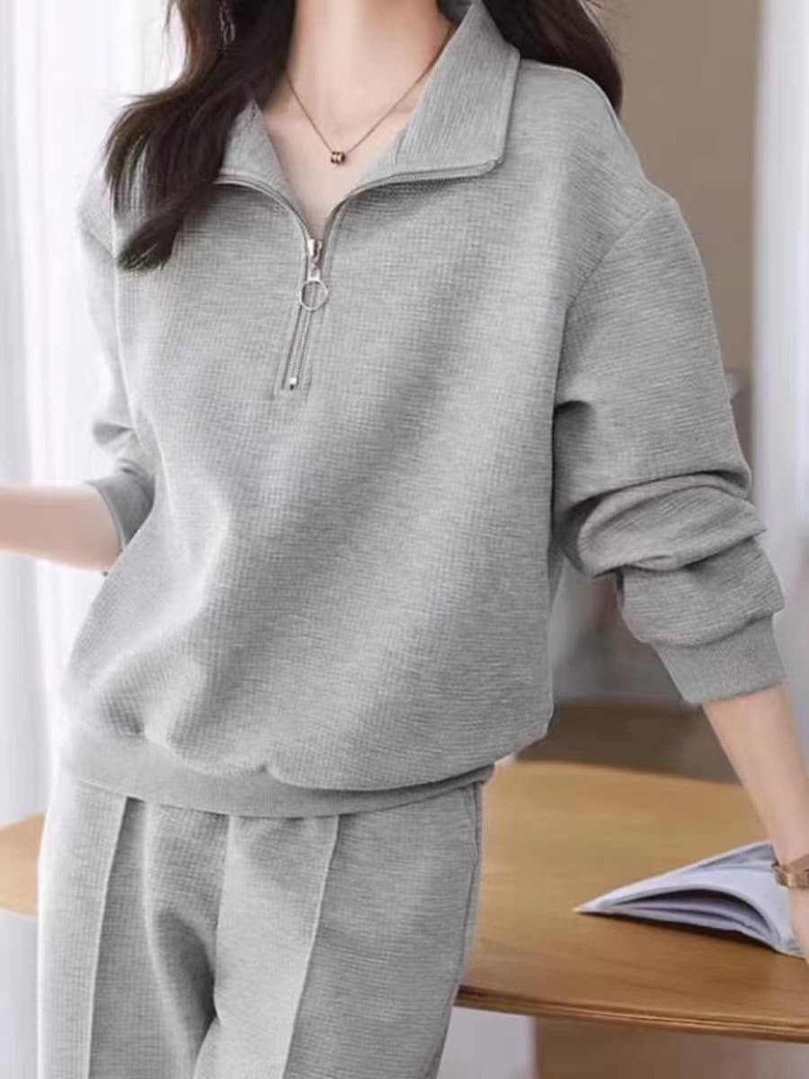 【レディース上下セット】スウェットパンツ スウェットパンツ ハーフジップ ワッフル生地 セットアップ