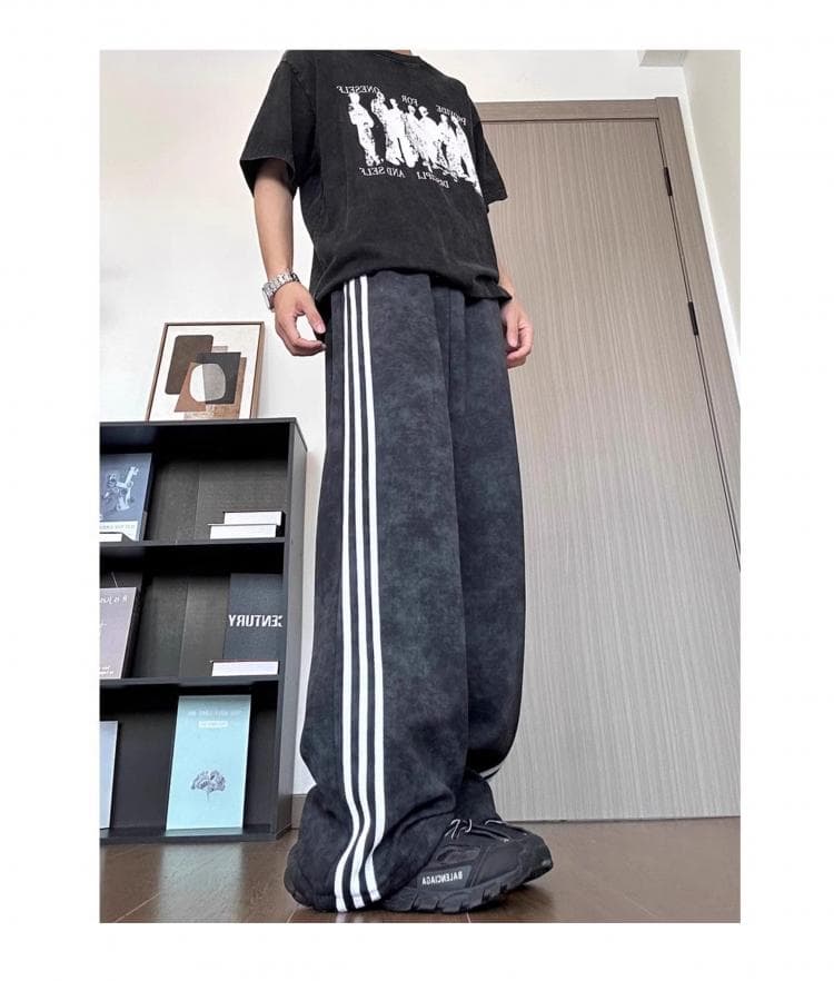 【メンズ】スウェットパンツ 三本線デザイン リラックスワイドパンツ