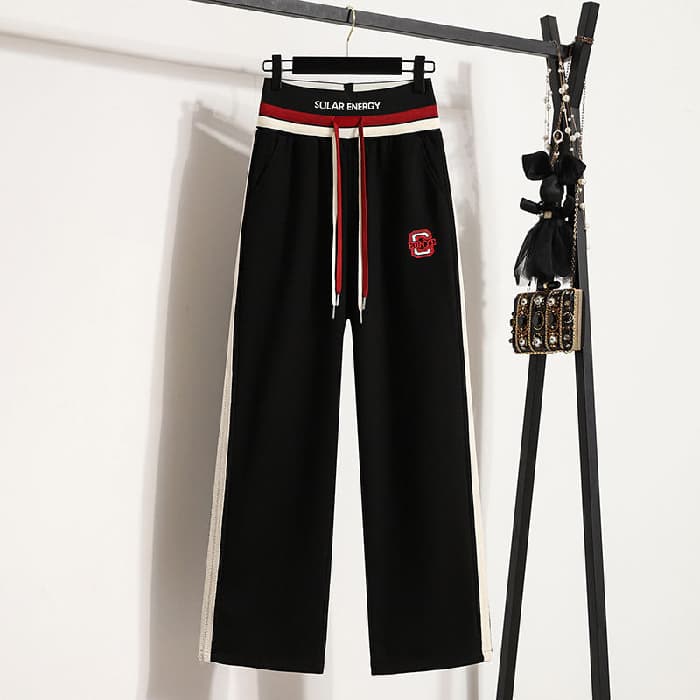 【レディース】スウェットパンツ 綿素材ラインデザイン紐付きワイドパンツ