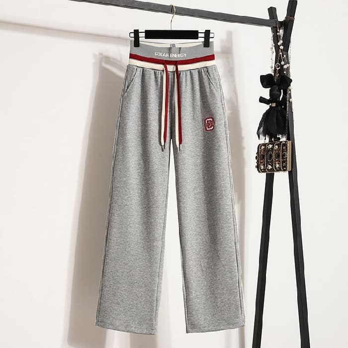 【レディース】スウェットパンツ 綿素材ラインデザイン紐付きワイドパンツ