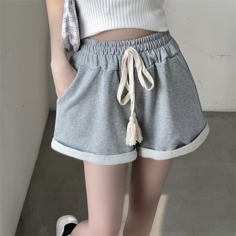 【レディース】スウェットパンツ タッセル付きハイウエストロールアップショートパンツ