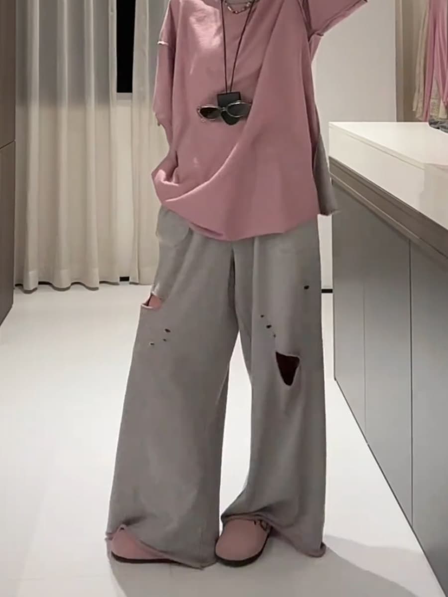 【レディース】スウェットパンツ ヴィンテージダメージワイドフレアパンツ