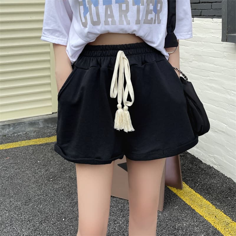 【レディース】スウェットパンツ タッセル付きハイウエストロールアップショートパンツ