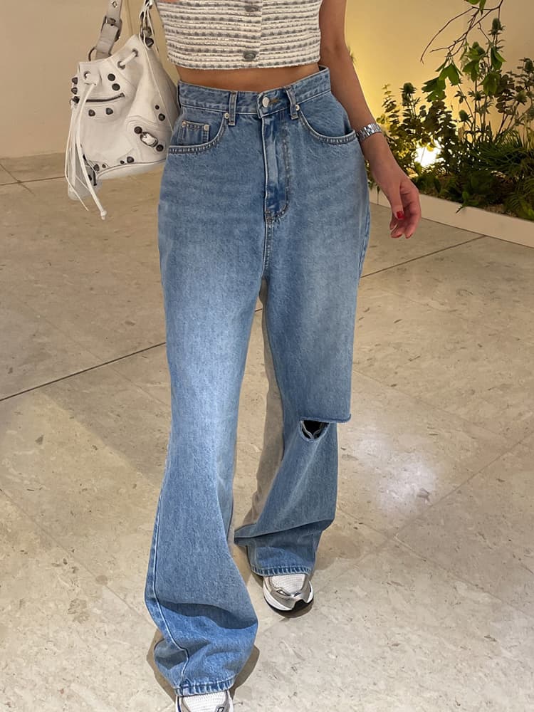 【レディース】デニム切替デザインストレートスウェットパンツ