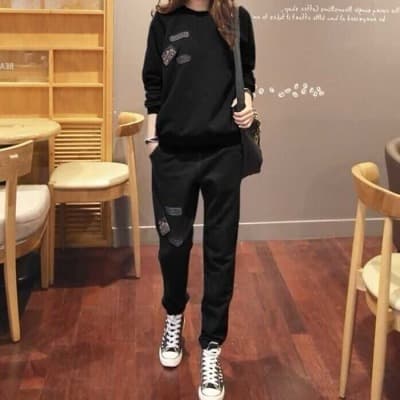 【レディース上下セット】スウェットパンツ スウェットパンツ デザインワッペン細身スウェット
