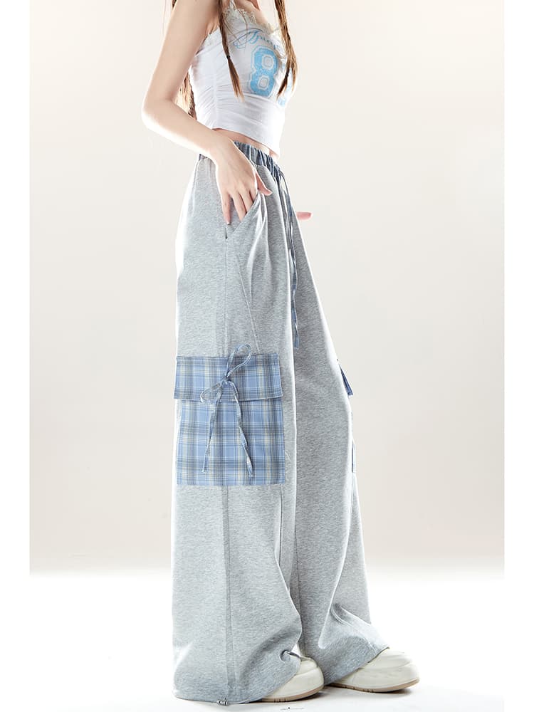 【レディース】スウェットパンツ 格子柄ポケット付きワイドスウェットパンツ