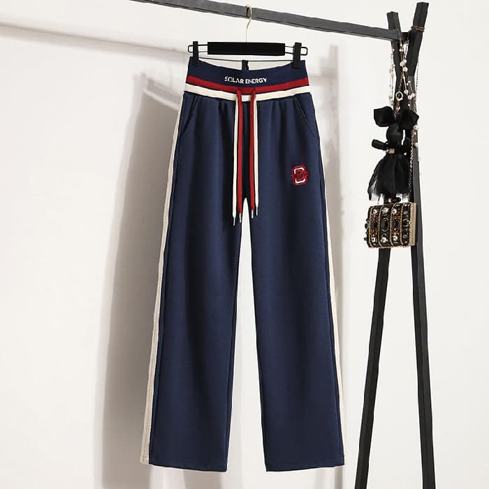 【レディース】スウェットパンツ 綿素材ラインデザイン紐付きワイドパンツ