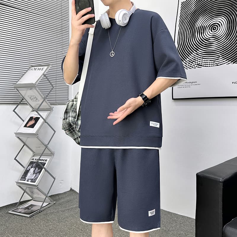 【上下セット】スウェットパンツ スウェットパンツ ゆったり快適 パイピング半袖セットアップ